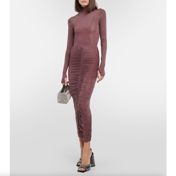 Alex Perry Crystal-Embellished Ruched Jersey Midi Skirt in Taupe Rose Size 10